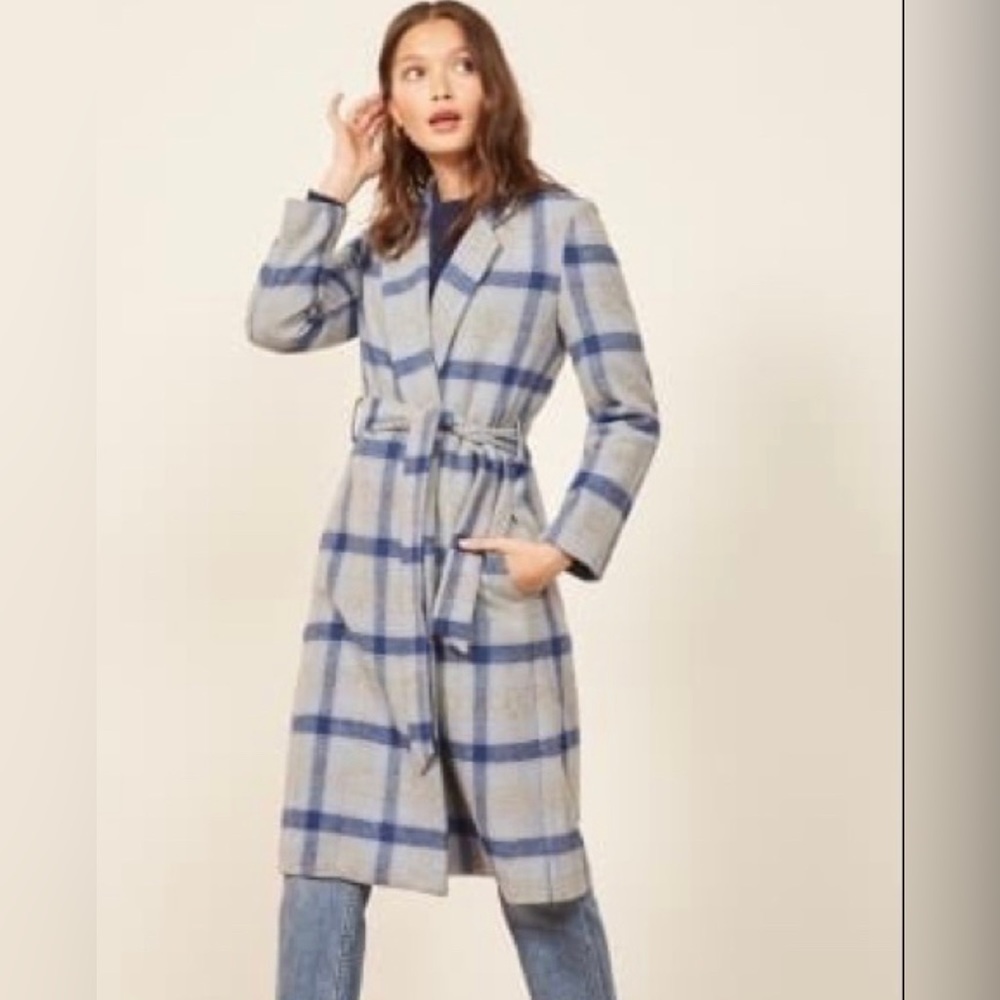 Reformation Blue Plaid coat, perfect condition